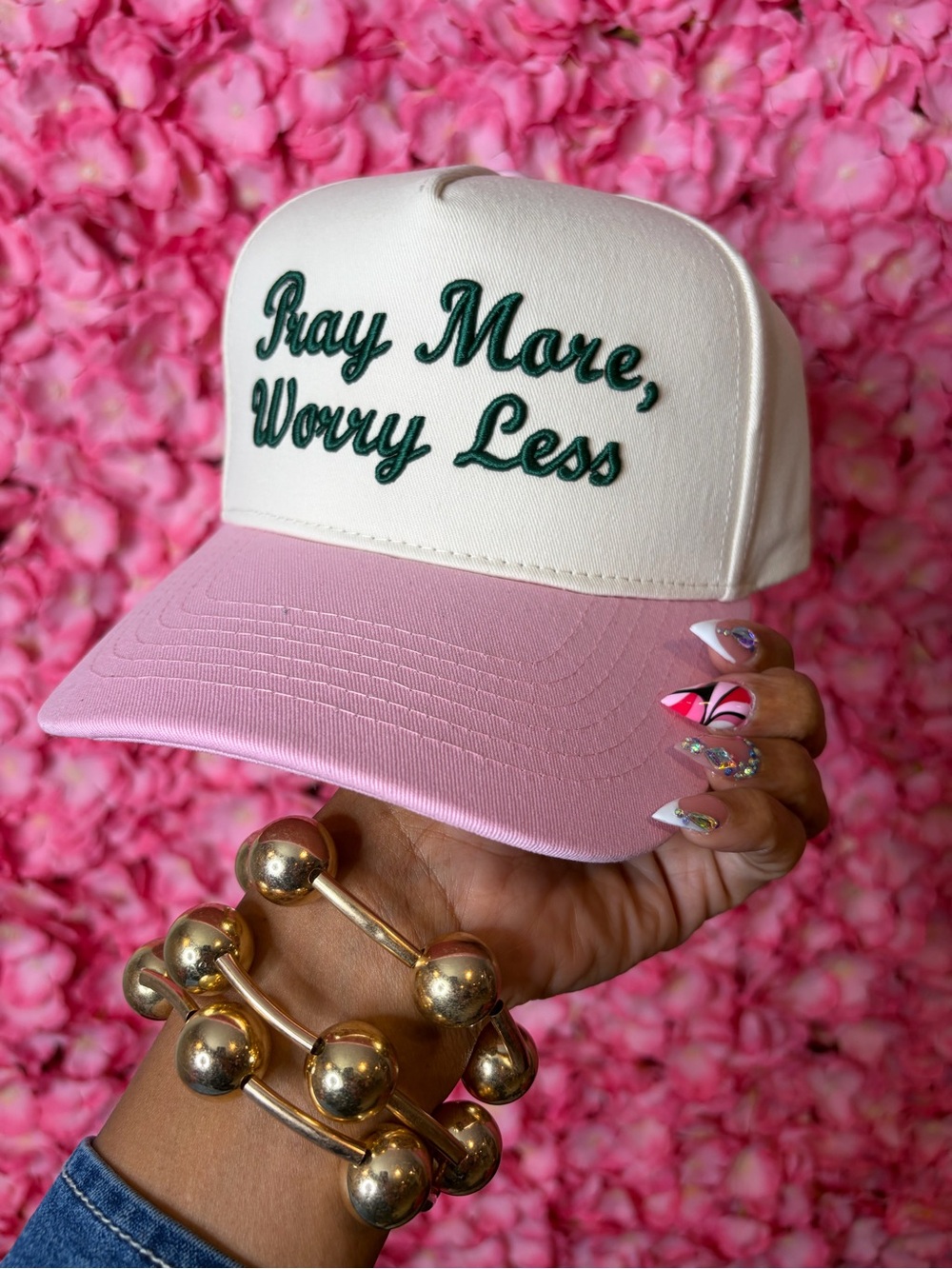 Pray More, Worry Less Pink and Cream Trucker Hat